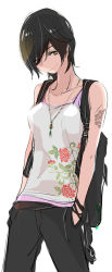 Rule 34 | 10s, 1girl, asagao to kase-san, backpack, bag, bare arms, bare shoulders, black pants, brown hair, casual, closed mouth, cowboy shot, floral print, hands in pockets, highres, jewelry, kase-san, kase (kase-san), looking away, necklace, official art, pants, pendant, print shirt, shirt, short hair, shoulder tattoo, sleeveless, sleeveless shirt, smile, solo, takashima hiromi, tattoo, undershirt, very short hair, white background, white shirt