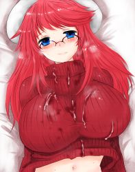 Rule 34 | 1girl, aftersex, aty, bed, blue eyes, breasts, cum, cum on clothes, female focus, glasses, han (jackpot), hat, huge breasts, long hair, lying, navel, red hair, smell, smile, solo, stain, steam, summon night, summon night 3, sweater, upper body