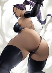 Rule 34 | 1girl, absurdres, ass, bare shoulders, black gloves, black leotard, black thighhighs, bleach, breasts, dark-skinned female, dark skin, elbow gloves, female focus, gloves, highleg, highleg leotard, highres, huge ass, large breasts, leotard, long hair, looking at viewer, looking back, parted bangs, ponytail, purple hair, shihouin yoruichi, solo, thighhighs, thighs, thong, thong leotard, yellow eyes, yoshio (55level)