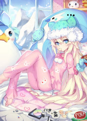 Rule 34 | 1girl, animal print, bag of chips, barefoot, bird, blue eyes, brand name imitation, child, controller, dakimakura (medium), eating, food, game console, game controller, indoors, long hair, looking at viewer, mittens, original, pajamas, penguin, playstation 1, pocky, pom pom (clothes), rabbit print, rodway, sitting, stuffed animal, stuffed toy, white hair, window