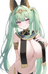 1girl absurdres ancient_egyptian_clothes animal_ears arm_behind_back armlet azur_lane bangle bare_shoulders bracelet breast_curtains breasts circlet cleavage cowboy_shot dancer fringe_trim gold_trim green_hair grin hand_up highres jackal_ears jewelry large_breasts long_hair looking_at_viewer maggiore_baracca_(azur_lane) maggiore_baracca_(the_god_craves_punishment)_(azur_lane) nannung navel official_alternate_costume pelvic_curtain purple_eyes revealing_clothes smile solo spaghetti_strap stomach twintails usekh_collar very_long_hair