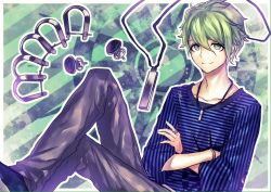 Rule 34 | 10s, 1boy, amami rantaro, crossed arms, danganronpa (series), danganronpa v3: killing harmony, denim, ear piercing, earrings, green eyes, green hair, jeans, jewelry, long sleeves, male focus, matching hair/eyes, necklace, one-piece swimsuit, pants, piercing, shanshan (wwwwwcojp), short hair, sitting, smile, solo, striped background, striped clothes, striped one-piece swimsuit, stud earrings, swimsuit