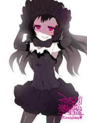 Rule 34 | 10s, 1girl, 2015, abyssal ship, arm warmers, bad id, bad pixiv id, black dress, black hair, black pantyhose, bonnet, bow, character name, colored skin, covered navel, dated, dress, frills, gothic lolita, hands on headwear, isolated island oni, kantai collection, kuro chairo no neko, lolita fashion, long hair, pantyhose, pink eyes, ringed eyes, simple background, smile, solo, twitter username, white background, white skin