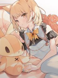 Rule 34 | 1girl, animal ears, bare arms, blonde hair, blue nails, blush, bow, bowtie, cat day, cat ears, collared dress, cona kinaco, couch, dress, earrings, jewelry, key, lock, looking at viewer, nail polish, original, rabbit, short hair