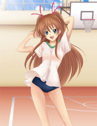 Rule 34 | 10s, 1girl, basketball court, basketball hoop, blue eyes, blush, breasts, brown hair, buruma, cloud, eyelashes, gym, gym uniform, highres, houjou hibiki, hyong, long hair, medium breasts, open mouth, precure, ribbon, sky, smile, suite precure, sunlight, twintails, two side up, window