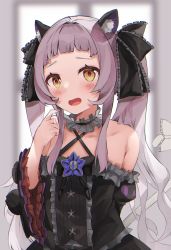 Rule 34 | 1girl, animal ear fluff, animal ears, arm behind back, bad id, bad pixiv id, bare shoulders, black dress, black sleeves, blunt bangs, blush, bow, cat ears, cat girl, cat tail, center frills, choker, closed eyes, collarbone, criss-cross halter, detached sleeves, dress, embarrassed, flat chest, frilled choker, frilled dress, frilled ribbon, frills, gothic lolita, hair ribbon, halter dress, halterneck, highres, hololive, juliet sleeves, lolita fashion, long hair, long sleeves, murasaki shion, murasaki shion (gothic lolita), nervous, nervous smile, open mouth, pinstripe dress, pinstripe pattern, puffy sleeves, ribbon, scratching cheek, shiro (koob173), short eyebrows, sidelocks, silver hair, sleeveless, sleeveless dress, smile, solo, star (symbol), striped, tail, tail bow, tail ornament, twintails, virtual youtuber, wide sleeves, yellow eyes