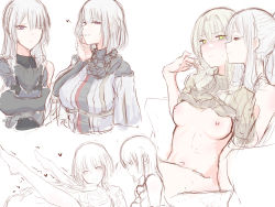 Rule 34 | 4girls, ak-12 (girls&#039; frontline), ak-15 (girls&#039; frontline), an-94 (girls&#039; frontline), artist request, blonde hair, blush, breasts, girls&#039; frontline, green eyes, grey hair, hair over one eye, heart, highres, lifting another&#039;s clothes, long hair, multiple girls, purple eyes, rpk-16 (girls&#039; frontline), short hair, spoken heart, turtleneck, yuri