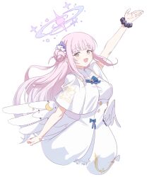 Rule 34 | 1girl, angel wings, arm up, black scrunchie, blue archive, capelet, dress, feathered wings, flower, hair bun, hair flower, hair ornament, halo, highres, long hair, looking at viewer, mika (blue archive), open mouth, pink hair, pink halo, purple flower, scrunchie, simple background, single side bun, smile, solo, white background, white capelet, white dress, white wings, wings, wrist scrunchie, yellow eyes, yomoyama55