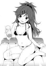 Rule 34 | 1girl, absurdres, air mattress, bare arms, bare legs, bare shoulders, barefoot, bikini, blush, breasts, chigusa asuha, collarbone, commentary, fang, frilled bikini, frills, full body, greyscale, hair ornament, hair scrunchie, hairclip, head tilt, high ponytail, highres, holding, long hair, looking at viewer, lotion bottle, maid, maid bikini, monochrome, navel, open mouth, ponytail, qualidea code, scan, scrunchie, sekiya asami, simple background, sitting, small breasts, solo, stomach, swimsuit, thighs, unconventional maid, v-shaped eyebrows, white background, yokozuwari