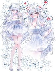 Rule 34 | 1girl, absurdres, anger vein, bare shoulders, blush, breasts, cleavage, closed mouth, collarbone, commentary request, dress, feathered wings, floral background, grey eyes, grey footwear, grey hair, hair between eyes, heart, highres, large breasts, looking at viewer, multiple views, nose blush, original, parted bangs, shoes, short dress, simple background, spoken heart, strapless, strapless dress, tandohark, white background, white dress, white wings, wings