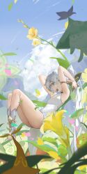 Rule 34 | 1girl, absurdres, arms up, breasts, chinese commentary, cloud, commentary request, day, flower, full body, genshin impact, green eyes, grey hair, hair ornament, highres, knees up, leaf hair ornament, leotard, long hair, looking at viewer, mouth hold, nahida (genshin impact), no shoes, outdoors, plant, pointy ears, ponytail, sky, sleeveless turtleneck leotard, small breasts, solo, splitting0, symbol-shaped pupils, thighs, very long hair, white leotard, yellow flower