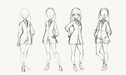 Rule 34 | 1girl, bow, cardigan, character sheet, closed mouth, full body, gridman universe, hand on own hip, highres, long hair, looking at viewer, monochrome, school uniform, scrunchie, sketch, skirt, smile, solo, ssss.gridman, standing, takarada rikka, unfinished, wrist scrunchie, yoshi (moco1)