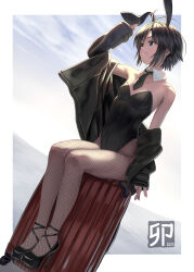 Rule 34 | 1girl, 2023, alternate costume, antenna hair, arm up, bare shoulders, black footwear, black hair, black jacket, black leotard, black necktie, border, breasts, brown pantyhose, closed mouth, cloud, cloudy sky, day, detached collar, fishnet pantyhose, fishnets, full body, grey eyes, high heels, highres, idolmaster, idolmaster (classic), jacket, kikuchi makoto, legs, leotard, long sleeves, looking away, looking to the side, necktie, nekopuchi, new year, off shoulder, open clothes, open jacket, outdoors, outside border, pantyhose, playboy bunny, revision, short hair, sitting, sky, small breasts, smile, solo, suitcase, white border