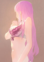 Rule 34 | 1girl, bow, bow bra, bra, breasts, brown background, cup, drink, drinking, drinking straw, holding, kango tarou, lace, lace-trimmed bra, lace trim, large breasts, lingerie, long hair, looking away, navel, original, pink bra, pink hair, simple background, solo, underwear, upper body