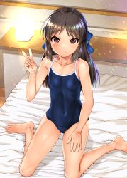 Rule 34 | 1girl, bare shoulders, bed, blue bow, blue one-piece swimsuit, blush, bow, breasts, brown eyes, brown hair, closed mouth, collarbone, covered navel, feet, hair bow, half updo, highres, idolmaster, idolmaster cinderella girls, lantern, legs, long hair, looking at viewer, okina ika, on bed, one-piece swimsuit, parted bangs, school swimsuit, sidelocks, sitting, small breasts, smile, solo, swimsuit, tachibana arisu, v, wariza