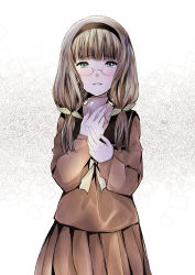 Rule 34 | 10s, 1girl, brown hair, crying, crying with eyes open, glasses, green eyes, hairband, highres, long hair, low twintails, school uniform, selector wixoss, shichouson, solo, tears, twintails, uemura hitoe, wixoss