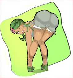 Rule 34 | 1girl, alternate color, ass, bare arms, bare legs, bare shoulders, bent over, blush, breasts, cameltoe, come hither, creatures (company), dark-skinned female, dark skin, female focus, flower, from behind, game freak, green eyes, green footwear, green hair, hair flower, hair ornament, highres, hip focus, huge ass, long hair, looking at viewer, looking back, mallow (pokemon), nintendo, open mouth, outline, overalls, pokemon, pokemon (anime), pokemon sm, pokemon sm (anime), senak012, shiny skin, shoes, smile, solo, teeth, thick thighs, thighs, tongue, window