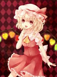 Rule 34 | 1girl, alternate wings, argyle, argyle background, argyle clothes, bad id, bad pixiv id, blonde hair, blouse, buttons, collared shirt, colored eyelashes, fang, female focus, finger to mouth, flandre scarlet, hair between eyes, hat, head tilt, kai aki, mob cap, open mouth, red eyes, shirt, side ponytail, skirt, skirt set, slit pupils, smile, solo, touhou, white hat, white shirt, wings
