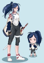 Rule 34 | 1girl, absurdres, ahoge, arm tattoo, baggy clothes, baggy pants, black gloves, blue background, blue hair, chibi, drawnielart, gloves, hair ornament, hairclip, highres, holding, holding sword, holding weapon, jacket, jacket on shoulders, looking at viewer, multiple views, orange eyes, original, pants, ponytail, shirt, shoes, simple background, sleeveless, sleeveless shirt, sneakers, sword, tattoo, tribal tattoo, weapon, white footwear, white shirt