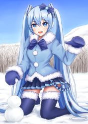 Rule 34 | 1girl, absurdres, bad id, bad pixiv id, blue bow, blue bowtie, blue coat, blue eyes, blue hair, blue mittens, blue skirt, blue thighhighs, bow, bowtie, coat, commentary, day, full body, fur-trimmed coat, fur-trimmed legwear, fur trim, hair bow, hair ornament, hand up, hatsune miku, highres, holding snowball, jewelry, kneeling, light blue hair, long hair, looking at viewer, miniskirt, mittens, nekoinu bamboo, open mouth, outdoors, pleated skirt, pom pom (clothes), skirt, smile, snow, snowman, solo, thighhighs, twintails, very long hair, vocaloid, yuki miku, yuki miku (2012), zettai ryouiki