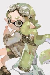 Rule 34 | 1girl, bad id, bad twitter id, black footwear, black shorts, closed mouth, from behind, goggles, goggles on head, green eyes, green hair, grey jacket, highres, holding, holding weapon, ink tank (splatoon), inkling, inkling girl, inkling player character, jacket, long hair, long sleeves, looking at viewer, looking back, nintendo, plum0o0, pointy ears, running, shoes, short shorts, shorts, simple background, splatoon (series), v-shaped eyebrows, weapon, white background