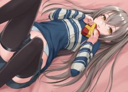 Rule 34 | 1girl, akabane hibame, black thighhighs, blue sweater, box, crossed bangs, flat chest, gift, gift box, girls&#039; frontline, grey hair, long hair, midriff, official alternate costume, on bed, open mouth, scar, scar across eye, scar on face, skirt, sweater, thighhighs, thighs, ump45 (&quot;just this time.&quot;) (girls&#039; frontline), ump45 (girls&#039; frontline), valentine, yellow eyes