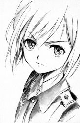 Rule 34 | 1girl, agahari, erica hartmann, greyscale, looking at viewer, military, military uniform, monochrome, short hair, solo, strike witches, traditional media, uniform, world witches series