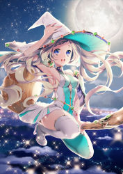 Rule 34 | 1girl, arm up, armpits, blonde hair, boots, braid, breasts, broom, broom riding, flying, full body, full moon, hand on headwear, hat, high heels, long hair, mirunai, moon, night, open mouth, original, outdoors, purple eyes, solo, sparkle, star (sky), thigh boots, thighhighs, very long hair, white thighhighs, witch hat