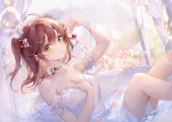Rule 34 | 1girl, absurdres, ahoge, bare shoulders, blush, brown hair, cherry, chinese commentary, choker, commentary request, copyright request, dress, feet out of frame, flower, food, fruit, green eyes, hair between eyes, highres, holding, holding food, holding fruit, irisrey, looking at viewer, medium hair, partially submerged, pink flower, solo, strap slip, two side up, virtual youtuber, water, weibo watermark, white choker, white dress, white flower