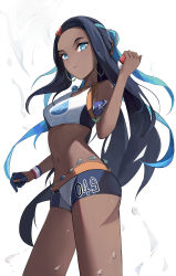 Rule 34 | 1girl, absurdres, aqua hair, armlet, belly chain, bike shorts, black hair, blue eyes, blue eyeshadow, closed mouth, commentary request, creatures (company), dark-skinned female, dark skin, dynamax band, earrings, eyeshadow, from side, game freak, gloves, hair bun, hand up, highres, holding, holding poke ball, hoop earrings, jewelry, long hair, makeup, multicolored hair, necklace, nessa (pokemon), nintendo, partially fingerless gloves, poke ball, poke ball (basic), pokemon, pokemon swsh, single glove, single hair bun, solo, two-tone hair, wuzhihuijia