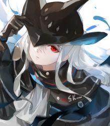 Rule 34 | 1girl, arknights, ascot, black capelet, black gloves, black hat, capelet, gloves, grey ascot, grey hair, hair between eyes, hand on headwear, hand up, hat, highres, long hair, looking at viewer, one eye covered, red eyes, simple background, skadi (arknights), solo, specter (arknights), upper body, was775, water, white background