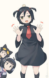 Rule 34 | +++, 3girls, :d, animal hat, ascot, black dress, black hair, black headwear, blue hairband, brown background, cat hat, closed mouth, collared dress, copyright request, dress, fangs, hair between eyes, hairband, hands up, hat, kuromiya, long sleeves, looking at viewer, multiple girls, one-hour drawing challenge, open mouth, parted bangs, peeking out, purple ascot, simple background, smile, twitter username, two side up, wide sleeves, yellow eyes