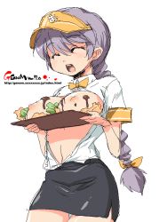 Rule 34 | 1girl, braid, breast rest, breasts, breasts on tray, carried breast rest, carrying, closed eyes, cowboy shot, freckles, huge breasts, long hair, miniskirt, nipples, oekaki, onija tarou, open mouth, simple background, skirt, solo, tray, visor cap, watermark, web address, white background