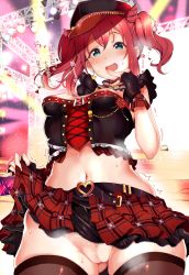 Rule 34 | 1girl, aqua eyes, belt, black gloves, blur censor, blush, breasts, censored, choker, cleft of venus, clothes lift, corset, cross-laced clothes, earrings, flashing, frilled choker, frilled straps, frills, gloves, hair between eyes, half gloves, hand on own face, hat, highres, jewelry, kurosawa ruby, kuzu kow, layered skirt, lifting own clothes, looking at viewer, love live!, love live! school idol festival, love live! school idol festival all stars, love live! sunshine!!, microskirt, midriff, navel, nipple slip, nipples, no panties, open mouth, plaid, plaid skirt, pleated skirt, pussy, raised eyebrows, red hair, red skirt, sidelocks, skindentation, skirt, skirt lift, small breasts, smile, solo, sweat, thick thighs, thighhighs, thighs, translation request, two side up, upskirt, wide hips