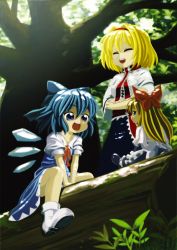 Rule 34 | 2girls, alice margatroid, between legs, blonde hair, blue dress, blue eyes, blue hair, bow, capelet, cirno, crossed arms, doll, dress, closed eyes, hair bow, hairband, hand between legs, ice, leaf, long hair, multiple girls, open mouth, own hands together, plant, shanghai doll, shishou (absolute area), short hair, sitting, smile, touhou, tree, wings