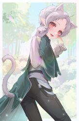 Rule 34 | 1girl, absurdres, ahoge, animal ears, black pants, cat ears, cat girl, cat tail, cloak, clothing cutout, day, elderflower, elf, forest, gloves, green cloak, highres, jacket, looking at viewer, mushoku tensei, nature, outdoors, pants, paw pose, pointy ears, red eyes, short hair, solo, sylphiette (mushoku tensei), tail, tail through clothes, tree, white gloves, white hair, white jacket