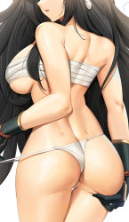 Rule 34 | 1girl, ass, ass grab, bandages, bare shoulders, black gloves, black hair, breasts, butt crack, cowboy shot, facing away, gloves, hair ornament, head out of frame, highres, hinoa, large breasts, long hair, looking back, monster hunter (series), monster hunter rise, open mouth, panties, panty pull, partially visible vulva, pulled by self, simple background, solo, symbol-only commentary, thighs, tony guisado, underwear, wedgie, white background, white panties
