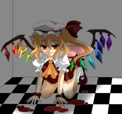 Rule 34 | 1girl, all fours, artist request, ascot, blonde hair, blood, bow, checkered floor, evil grin, evil smile, fang, female focus, flandre scarlet, floor, grin, hat, perspective, ponytail, red eyes, shadow, short hair, side ponytail, smile, solo, touhou, umeshyu sake, vampire, wings