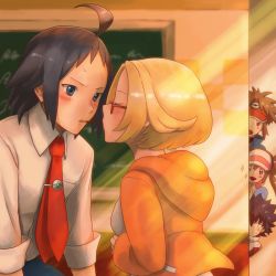Rule 34 | 2girls, bad id, bad pixiv id, baseball cap, bianca (pokemon), black hair, blonde hair, brown hair, cheren (pokemon), closed eyes, commentary request, creatures (company), dicembre04, game freak, hat, indoors, multiple boys, multiple girls, nintendo, own hands together, pocket, pocky day, poke ball symbol, pokemon, pokemon bw2, red hat, short hair, sleeves rolled up