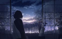 Rule 34 | 1girl, bug, butterfly, cloud, curtains, dark, dusk, fantasy, flower, from behind, highres, indoors, bug, night, original, plant, potted plant, short hair, skyrick9413, solo, window