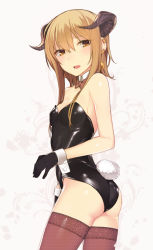 Rule 34 | 1girl, ass, bare shoulders, bell, black gloves, bow, bowtie, breasts, brown hair, brown thighhighs, collarbone, cowboy shot, demon horns, detached collar, earrings, eyebrows, gloves, highres, hitoshi, horns, jewelry, jingle bell, leotard, long hair, looking at viewer, open mouth, original, playboy bunny, rabbit tail, see-through, see-through legwear, small breasts, solo, tail, thighhighs, white background, wrist cuffs, yellow eyes