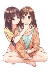 Rule 34 | 2girls, :t, bare legs, barefoot, black bow, blouse, blue shirt, blush, borrowed character, bow, brown eyes, brown hair, brown jacket, closed mouth, commentary request, crossed legs, feet, fingernails, highres, jacket, long hair, long sleeves, multiple girls, nanase kurumi (menhera-chan), open clothes, open jacket, original, pomu (joynet), puffy short sleeves, puffy sleeves, shirt, short sleeves, simple background, sitting, sleeves past wrists, toenails, white background, yellow shirt