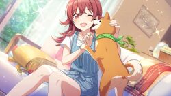Rule 34 | 1girl, backpack, bag, couch, dog, game cg, idolmaster, idolmaster shiny colors, jar, komiya kaho, official art, one eye closed, open mouth, red eyes, red hair, scarf, sitting, sparkle, unworn clothes