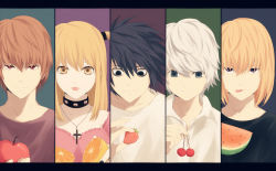 Rule 34 | 1girl, 4boys, amane misa, apple, black hair, black nails, blonde hair, blue background, brown background, cherry, choker, collar, collarbone, column lineup, cross, death note, food, fruit, green background, hair between eyes, holding, holding food, holding fruit, l (death note), light smile, lips, looking at viewer, looking down, mello (death note), multiple boys, nail polish, near (death note), nostrils, orange (fruit), out of character, panels, purple background, saik, short hair, shueisha, smile, spiked hair, strawberry, tongue, tongue out, two side up, watermelon, white hair, yagami light, yellow eyes