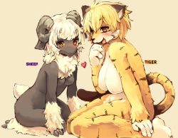 Rule 34 | 2girls, animal ears, blush, breasts, copyright request, furry, furry female, heart, horns, huge breasts, kishibe, multiple girls, nude, open mouth, sheep horns, short hair, simple background, small breasts, smile, tail