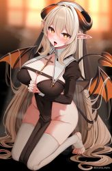 Rule 34 | 1girl, blonde hair, blurry, blurry background, blush, breasts, cleavage, covered navel, demon girl, demon horns, demon tail, demon wings, full body, horns, kneeling, large breasts, long hair, long sleeves, looking at viewer, marota, nun, open mouth, orange eyes, original, own hands together, pointy ears, solo, stirrup legwear, symbol-shaped pupils, tail, thighhighs, thighs, toeless legwear, toes, tongue, tongue out, white thighhighs, wings