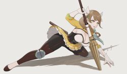 Rule 34 | breasts, brown eyes, brown footwear, brown hair, fire emblem, fire emblem engage, gloves, goldmary (fire emblem), highres, holding, holding polearm, holding weapon, large breasts, long hair, nintendo, open mouth, pleated skirt, polearm, simple background, skirt, spear, torn clothes, torn gloves, wangxiii, weapon, white background, white gloves, yellow skirt