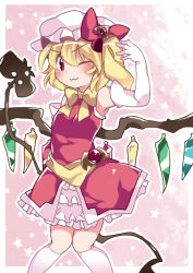 Rule 34 | &gt;;3, 1girl, ;3, armpits, bad id, bad pixiv id, beckoning, blonde hair, blush, bow, bowtie, dress, elbow gloves, embellished costume, flandre scarlet, gloves, hair bow, hammer (sunset beach), hat, knees together feet apart, laevatein, looking at viewer, magical girl, mob cap, one eye closed, red dress, red eyes, sash, side ponytail, smile, socks, solo, star (symbol), touhou, v-shaped eyebrows, wings