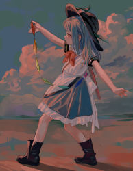 Rule 34 | 1girl, absurdres, arm up, artist name, black footwear, black headwear, blouse, blue hair, blue skirt, blue sky, boots, cloud, commentary, fkey, full body, highres, hinanawi tenshi, holding, leaf, long hair, outdoors, petticoat, red eyes, shadow, shirt, short sleeves, sidelocks, skirt, sky, solo, standing, sunset, sword, touhou, weapon, weapon on back, white shirt