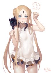 Rule 34 | 1girl, abigail williams (fate), abigail williams (swimsuit foreigner) (fate), abigail williams (swimsuit foreigner) (second ascension) (fate), absurdres, bare shoulders, black bow, black cat, blonde hair, blue eyes, blush, bow, braid, braided bun, breasts, cat, double bun, dress swimsuit, fate/grand order, fate (series), forehead, hair bun, highres, keyhole, long hair, looking at viewer, multiple bows, one-piece swimsuit, open mouth, orange bow, parted bangs, paw pose, peperon (peperou), polka dot, polka dot bow, sidelocks, simple background, small breasts, swimsuit, thighs, twintails, very long hair, white background, white one-piece swimsuit